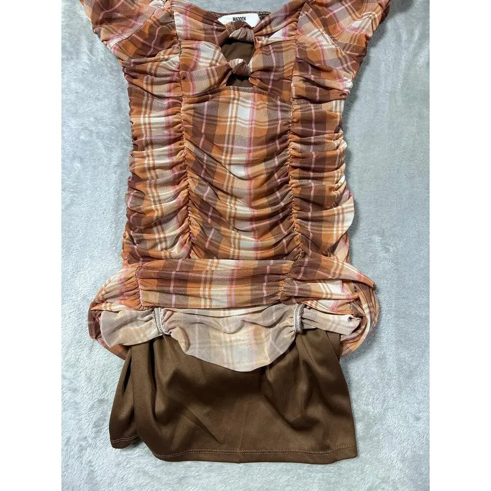 Y2K Checkered Brown Plaid Ruched Bodycon Mini Dress Puff Sleeve Medium - Picture 4 of 9